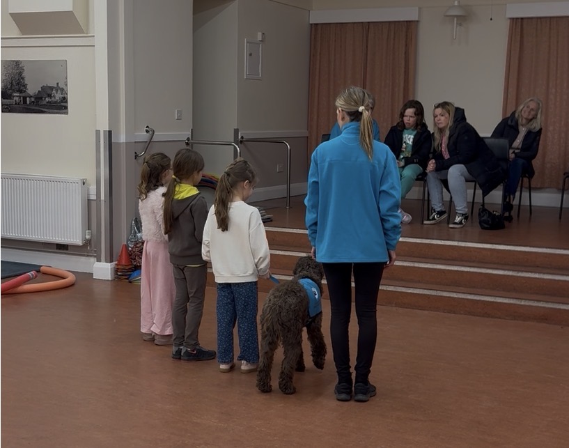 Children lined up with a handler and Australian Labradoodle in blue vest near the stage, parents watching from seats