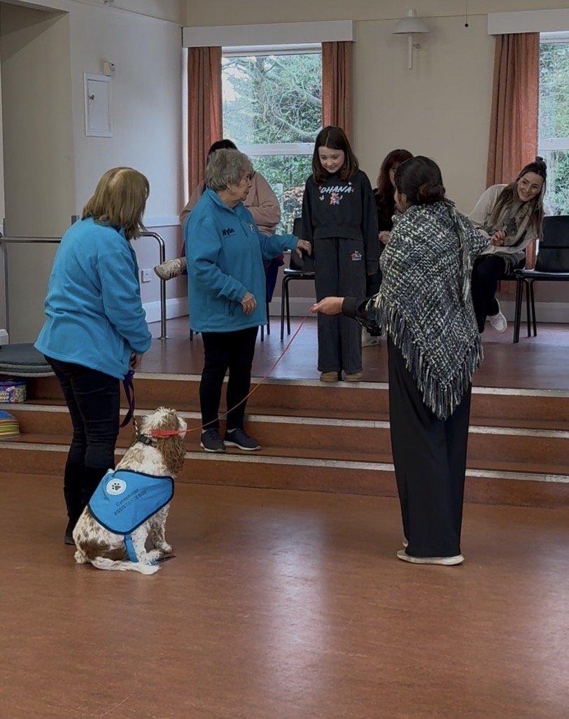 Girl holding a lead as a spaniel in Cynophobia Assistance Dog vest sits, with handlers and parent watching